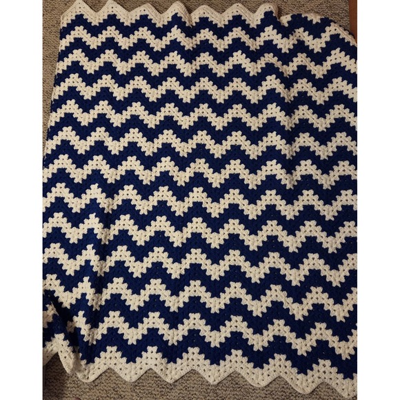 Handmade Other - VTG Handmade Crochet Afghan Blanket Blue White Chevron Zig Zag 44x50